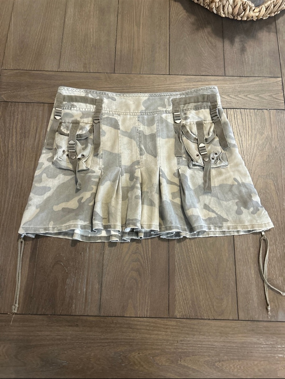 Camo Pleated Mini Skirt with Utility Pockets - Beige